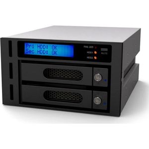 Raidon iR2622 interne RAID-behuizing voor 2x SATA HDD/SSD, 2,5 inch/3,5 inch, RAID 0/1, display, draagsysteem, ventilator, RS-232, inbouw in 2x 5,25 inch