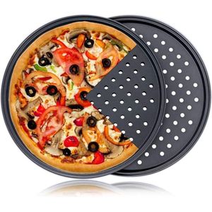 Pizzaplaat, rond, 28 cm, met gaten, verlaagde bakplaat, bakplaat, anti-aanbakbakken van koolstofstaal voor pizza en flambÃ©e, set van 2 pizzapannen, geperforeerd voor oven, verouderde korst