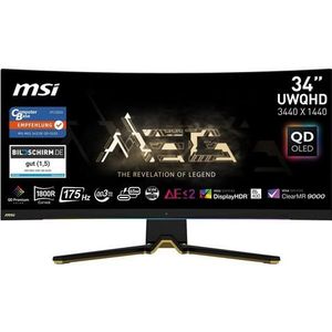 MSI MEG 342C QD-OLED Curved-Gaming-OLED-Monitor (86,4 cm/34 ", 3440 x 1440 px, UWQHD, 0,5 ms Reaktionszeit, 175 Hz, OLED, 3 Jahre Herstellergarantie, höhenverstellbar, USB-C)