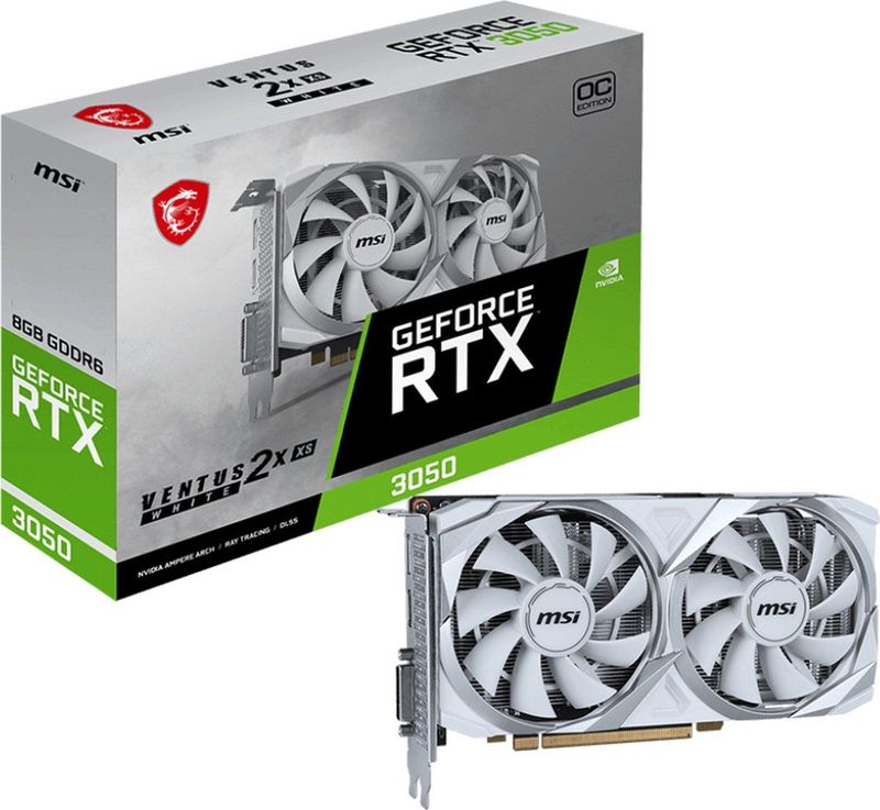 MSI NVIDIA GeForce vRTX 3050 2X WHITE 8G OC Videokaart 8GB GDDR6 PCIe 1x HDMI 1x DisplayPort 1x DVI D
