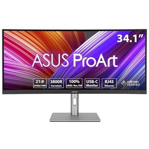 ASUS ProArt PA34VCNV - professionele gebogen monitor UWQHD 34 inch - 21:9 IPS, 3440 x 1440, 60 Hz - ergonomisch, kalmte, hoge kleurgetrouwheid, HDR 10 - RJ45, DisplayPort, HDMI, 96W USB-C, hub