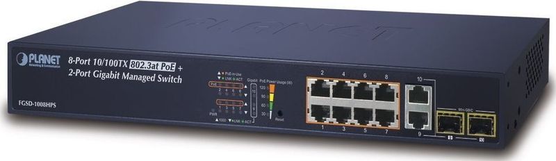 PLANET - FGSD-1008HPS - Managed PoE Switch - 8 Fast Ethernet - 2 Gigabit - 125 Watt