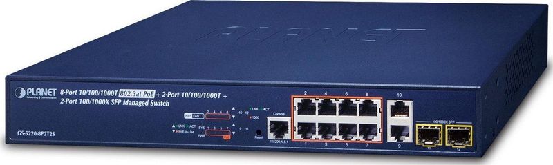 Planet - GS-5220-8P2T2S - Managed Netwerkschakelaar - Zwart - 10 Poorten - PoE Ondersteuning