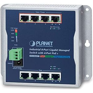 Planet IP30 8-Port Gigabit Wall-Mount Switch 4-Port 802.3at POE+ redundant Power 48-56V DC -40/+75 C