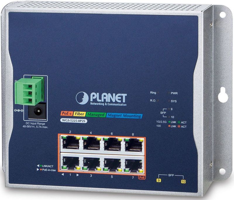 Planet - PLANETIndustrial 8-Port Gigabit PoE Wand-switch - Zwart - 20 Gbit/s