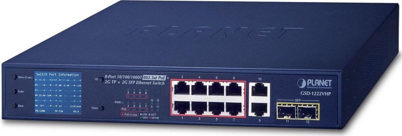 Planet - GSD-1222VHP - Netwerkschakelaar - Zwart - 12 Poorten - PoE+