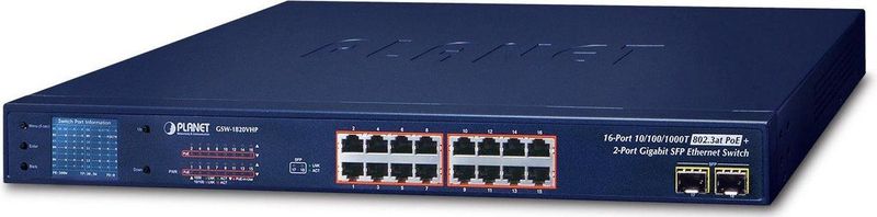 Planet - GSW-1820VHP - 16-poorts PoE Switch - Zwart - 1U Rack-montage