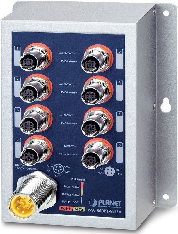 Planet - IP50 Ind 8-P 10/100TX M12 - Schakelaar - Grijs - Koperdraad