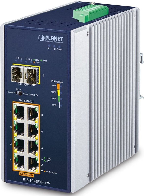 PLANET - IGS-1020PTF-12V - Ethernet Switch - 8-Port - 10/100/1000T - PoE