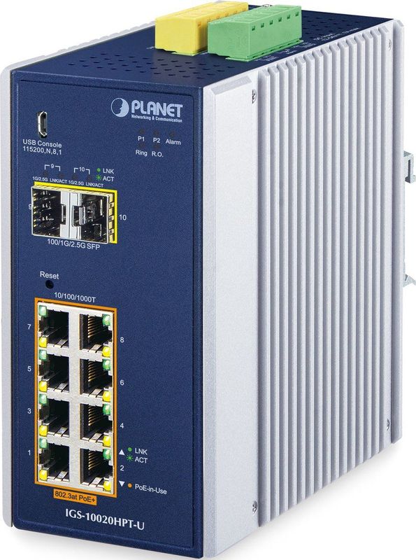 Planet DIN-Rail L2+/L3 Manageable Industrial Gigabit POE Switch - Zwart - 8 Poorten
