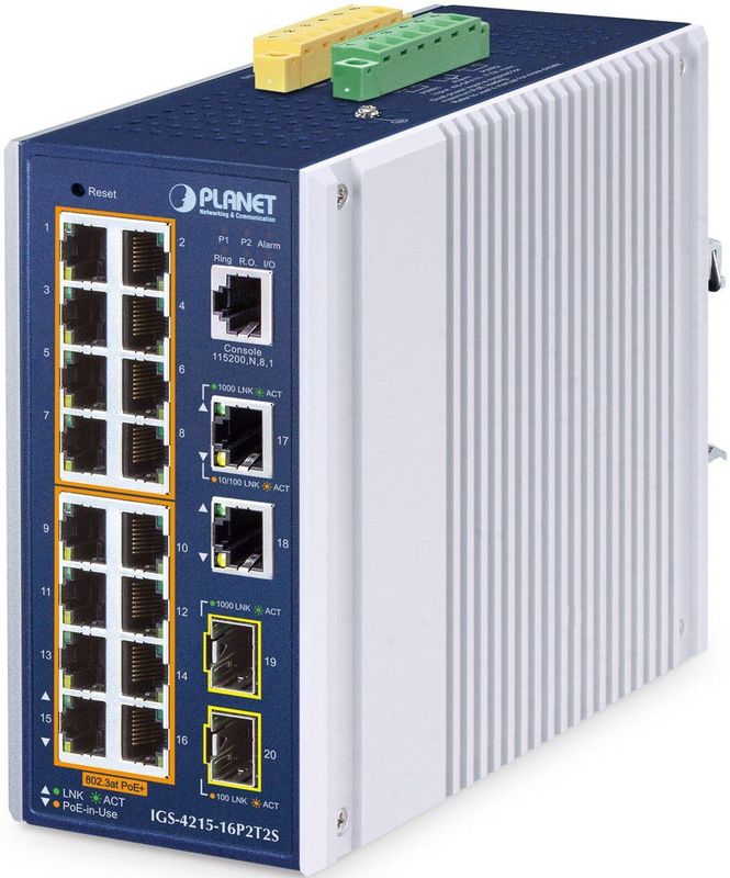Planet - IP30 Industrial L2/L4 - 16-Port Managed Switch - Gigabit Ethernet - PoE