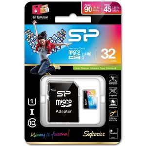 Silicon Power Superieur - Flashgeheugenkaart (SD-adapter inbegrepen) (microSDHC, 32 GB, U1, UHS-I), Geheugenkaart, Veelkleurig