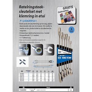 Ratelringsteek-sleutelset met klemring in etui - 6 dlg -KING TONY + gratis cadeau