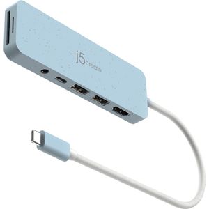 j5Create JCD373EC-N Milieuvriendelijke USB-C multi-poort hub met Power Delivery (USB C), Docking station + USB-hub, Blauw