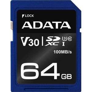 ADATA ASDX64GUI3V30S-R geheugenkaart 64 GB SDXC Klasse 10 UHS-I - Flash-geheugen (64 GB, SDXC, klasse 10, UHS-I, 100 MB/s, zwart, blauw)