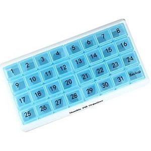 Lulaxy De maandelijkse pillendoos met 31 vakken, 1 per , 4 weken maanden 31 dagen, pillendoos, blauw