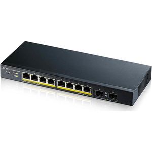 Zyxel 8-poorts Gigabit PoE Switch | Smart Managed | Tafel-/wandmontage en ventilatorloos design | 8 PoE+-poorten met een budget van 77 W en 2 SFP-poorten | VLAN, IGMP, QoS [GS1900-10HP]