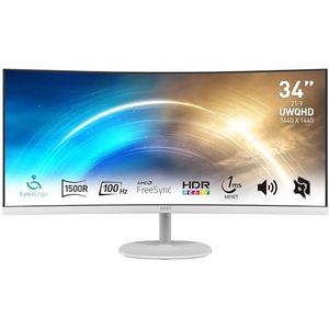 MSI Pro MP341CQW 34 inch gebogen bureaumonitor UWQHD - VA-paneel 1500R, 3440 x 1440, 100 Hz, oogcomfort, contrast 3000:1, 21:9, geïntegreerde luidsprekers, DP 1.2a, HDMI 2.0b - wit