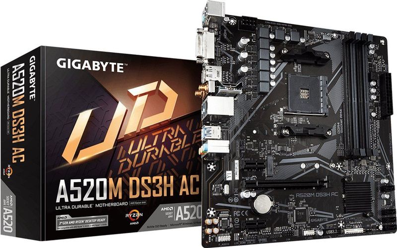 Gigabyte - A520M DS3H AC - Moederbord - Zwart - DDR4 - Ondersteunt Ryzen 5000-serie