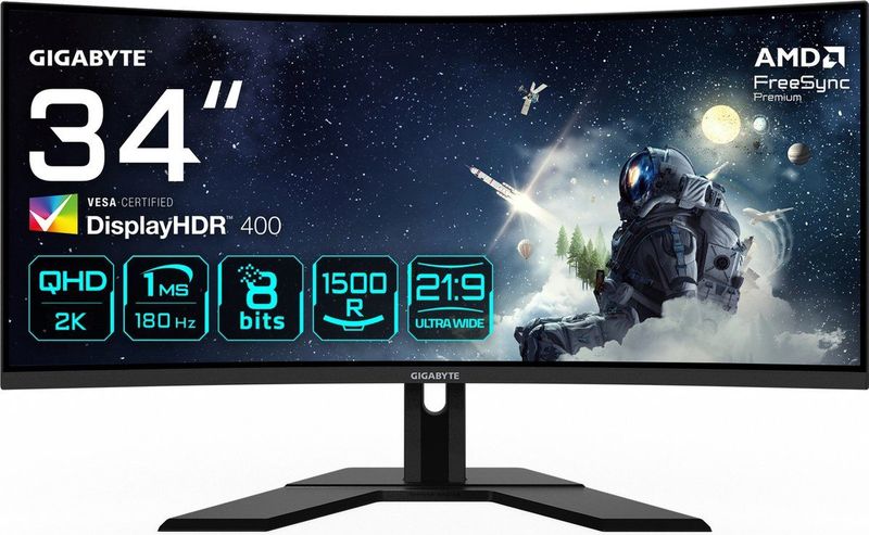 GIGABYTE G34WQCP - LED-Monitor - Gebogen - 34'' - 3440x1440 - VA - 180 Hz - 1 ms - 350 cd/m² - 1000:1 - 1500R - Zwart