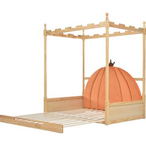 Merax Uitschuifbaar Konings Bed - Tweepersoonsbed voor Kinderen - Kasteel Kinderbed - Naturel & Oranje