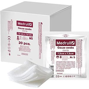 Medrull Mullwattenstaafjes Steriel 7,5 cm x 7,5 cm niet-klevende wondkussens - Extra absorberend -8-laags verpakt 5 stuks x 20 papieren zakken (100 stuks)