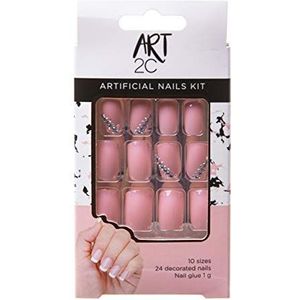 Art 2C A2C-WM040 - Kunstnagelset, met lijm, passende vorm, gemakkelijk te verwijderen, 24 versierde nagels, 10 maten - roze/glanzende strassteentjes, 040,
