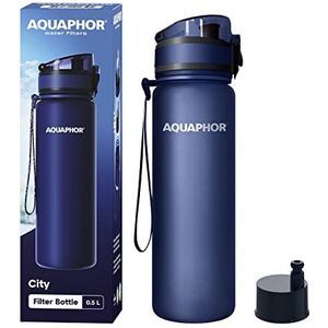 AQUAPHOR City Bottle 500ml Navy | Reiswaterfles met actieve koolfilter | Filters Chloor & Onzuiverheden | Gemaakt van Tritan & BPA-vrij | Blijf gehydrateerd onderweg!