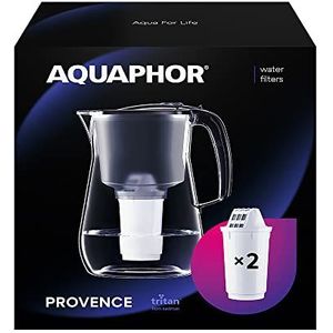 AQUAPHOR Provence waterfilter zwart met 2 A5-filterpatronen - hoogwaardig waterfilter in glas-look ter vermindering van kalk, chloor en andere stoffen