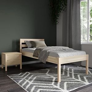 Hoge Houten Bed 80x200 cm Zonder Lattenbodem-Scandinavisch Ontwerp - tot 350 kg - Eenpersoonsbedframe Massief Hout - Onbehandeld FSC®-gecertificeerd Berkenhout - Hoog Hoofdeinde