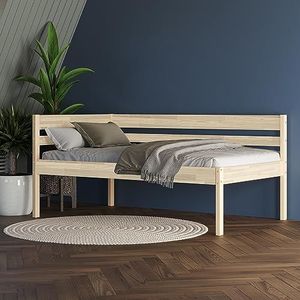 Hoog Houten bed 100x200 cm Scandi Style zonder lattenbodem van ruw massief massief berken FSC® - ruim 350 kg - met hoekrugleuning aan de linkerkant - kinderbed jeugdbed logeerbed