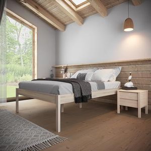 Hoge Houten Bed 180x200 cm Saari Scandi Style zonder lattenbodem - van onbehandeld FSC® massief berkenhout - ruim 350 kg - tweepersoonsbed bedframe - zonder hoofdbord - stabiel - voor senioren