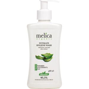MELICA ORGANIC Biologisch 95,5% Natuurlijke INTIEME HYGIENE ACTIEVE WASEMULSIE met Melkzuur en ALOE VERA EXRACT zonder parabenen, kleur-en geurstoffen, smakstoffen, alkali, zeep, SLS, SLES, met pompje