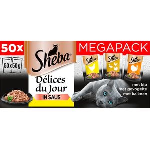 Sheba Kattenvoer Mega Pack Délices Du Jour Natvoer Gevogelte in Saus Maaltijdzakjes 50 x 50 gr