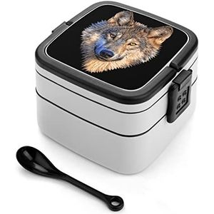 Big Wolf Head Bento Lunch Box Dubbellaags All-in-One Stapelbare Lunch Container Inclusief Lepel met Handvat