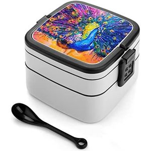 Kleurrijke pauw Bento Lunch Box Double Layer All-in-One Stapelbare Lunch Container Inclusief Lepel met Handvat