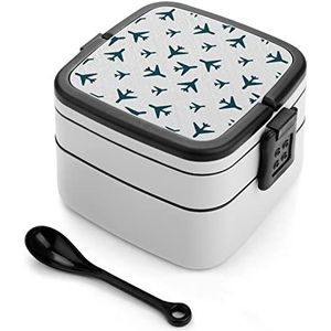 Groene Vliegtuig Bento Lunch Box Double Layer All-in-One Stapelbare Lunch Container Inclusief Lepel met Handvat