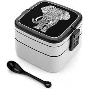 Boho Black White Elephant Bento lunchbox dubbellaags all-in-one stapelbare lunchcontainer inclusief lepel met handvat