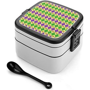 Leuke Mardi Gras Patroon Bento Lunch Box Dubbellaags All-in-One Stapelbare Lunch Container Inclusief Lepel met Handvat