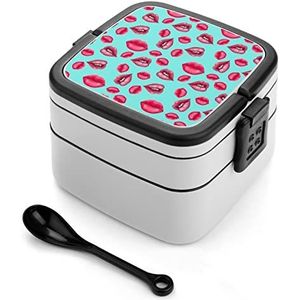Red Lips Bento Lunch Box Dubbellaags All-in-One Stapelbare Lunch Container Inclusief Lepel met Handvat