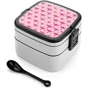 Roze Libellen Bento Lunch Box Dubbellaags All-in-One Stapelbare Lunch Container Inclusief Lepel met Handvat