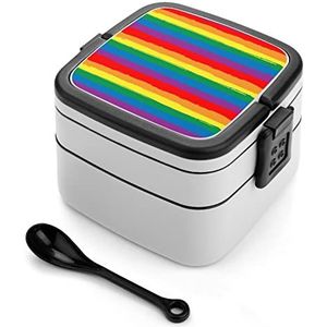 Regenboog Gestreepte LGBT Vlag Bento Lunch Box Dubbellaags All-in-One Stapelbare Lunch Container Inclusief Lepel met Handvat