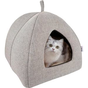 Kattenhuisje, warm en gezellig pluche katteniglo, wasbaar hondenbed met afneembaar kussen, slaapverbetering, opvouwbaar kattenhuis