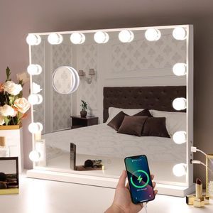 Make-up Spiegel met Verlichting 15 LED-lamp Dresse Spiegel Hollywood Spiegel met USB oplaadpoort 3 kleurtemperaturen grote make-upspiegel voor slaapkamer kleedkamer