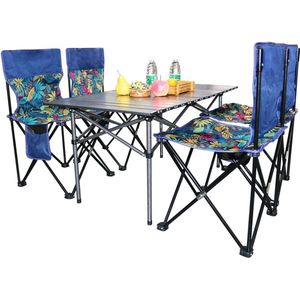 Opvouwbare picknicktafels voor buiten en 4 stoelen voor wandelen, feest, ontmoeting met vrienden, campertrips. Waterafstotend, wasbaar, eenvoudig te monteren, blauwe bladeren