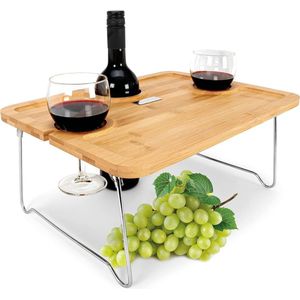 Picknicktafel met wijnglashouder [100% bamboe] bankbar, wijntafel, bedtafel en beddienblad | voor camping, ontbijt, picknick, strand, bed