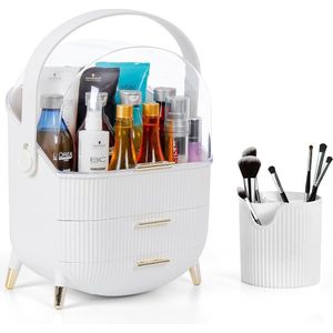 Witte Make-up Opslag Organizer met Kwasten Pot - 3-Laags Plastic Lade Doos met Roterend Handvat, Doorzichtig Deksel - Waterdicht, Stofdicht Cosmetisch & Skincare Display Kast voor Reizen