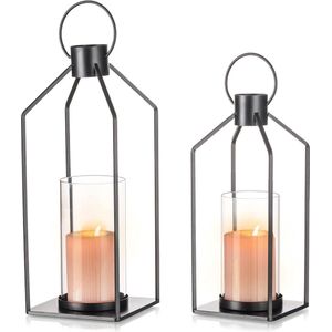 Lantaarn grote moderne decoratie - set van 2 kaarsen lantaarn zwart metaal windlicht lantaarn vintage voor buiten tuin balkon binnen Kerstmis bruiloft tafeldecoratie