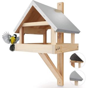 Vogelhuis voor aan de muur met weerbestendig metalen dak van massief hout, vogelvoederhuis om op te hangen