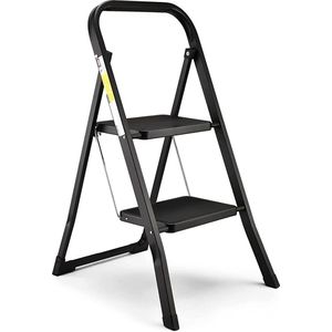 2-traps ladder, opstapkruk met antislippedaal, draagbare robuuste opstapladder met leuningen, perfect voor keuken en huishouden, capaciteit van 150 kg, zwart